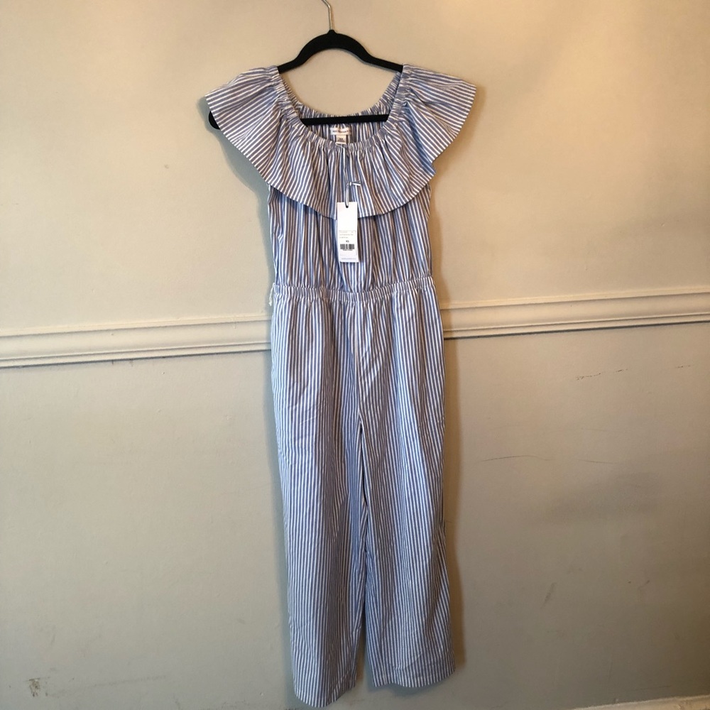 NWT Southern Tide Jumpsuit. Blue and wide Striped off the shoulder with ruffle.